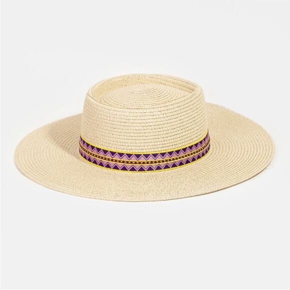 NEW ANTHROPOLOGIE Cream Tan Straw Wide Brim Floppy Purple Print Ribbon Sun Hat main image 9